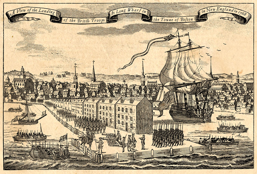 This illustration was created to evoke the look of 18th century woodcuts in portraying the landing of British troops at Long Wharf in Boston in 1768. I used hundreds of individual images taken from period woodcuts and adapted, retouched, assembled and combined them all to construct this view of the event, complete with inconsistent scale and perspective, but showing the Boston skyline and waterfront as it was in that momentous year. If you open the image in a new window, you'll get a larger view.